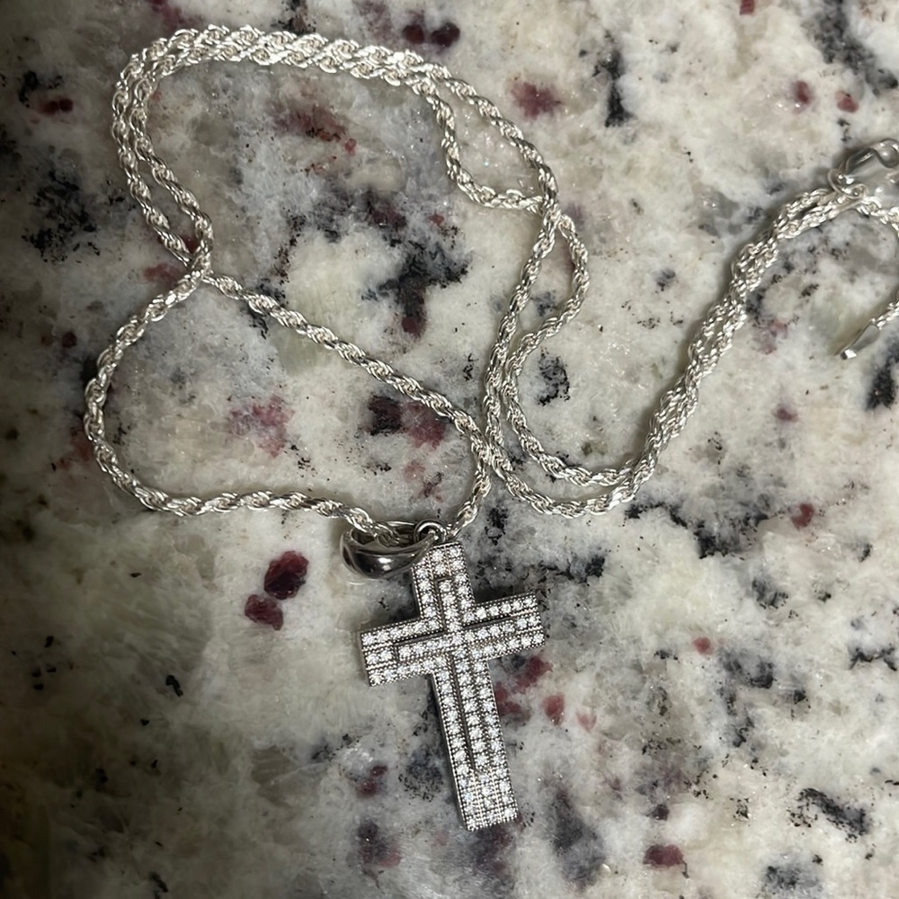 Diamond Cross Pendant w/ 925 Sterling Silver 18inch chain
